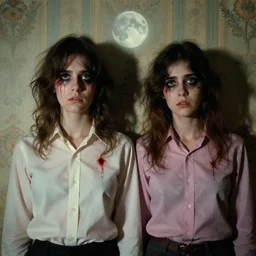 two beautiful but creepy young nonbinary people wearing oxford button down shirts in layers of fear, with haunted eyes and wild hair, 1 9 7 0 s, seventies, wallpaper, a little blood, moonlight showing injuries, delicate embellishments, painterly, offset printing technique, by brom, robert henri, walter popp