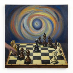 a chess set on the symbolist theme of synestia, oil on canvas, ralph mcquarrie, 1 9 7 7