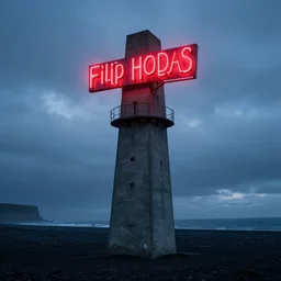 a concrete tower on a icelandic beach, big red neon sign, cloudy day, blue hour by filip hodas, by simon stalenhag, cinematic, dramatic light concept art, matte painting, tranding on artstation