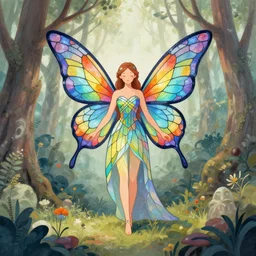 fairy with stained glass wings in an enchanted forest. muted colors, rainbow, complementary colors, painterly, book illustration watercolor granular splatter dripping paper texture, alphonse mucha style, john william waterhouse style, perfect symmetry, magical, golden ratio