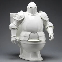 white porcelain round oversized giant knight wearing white porcelain toilet bowl armor
