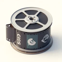 Isometric 3d octane render of 35mm film roll ICONS, complentary subdued colours