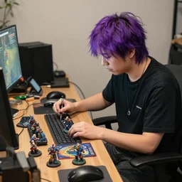 violet - haired male game designer who plays blood bowl and paints miniatures, sitting at his untidy working table