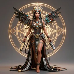 a centered render of an alluring mystical tribal goddess adorned with cables and synthesizer parts is surrounded by sacred geometry, full body, gorgeous face, perfect face, powerful, cinematic, beautifully lit, by viktoria gavrilenko, 3 d, trending on artstation, octane render, 8 k