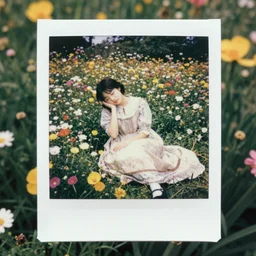 sleepy girl in 19th centuries dress sitting in flowers field, polaroid