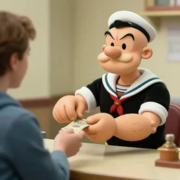 a photograph of a real - life popeye the sailor man handing change to a customer at a popeye's chicken restaurant. he is behind the counter wearing a uniform, the customer is wearing khakis and a coat.