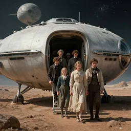 70mm still from a sci fi blockbuster movie made in 2022, set in 1860, of a family leaving a spaceship, that has just landed on an alien planet, wearing 1850s era clothes, good lighting, 4k, HD, in focus, detailed