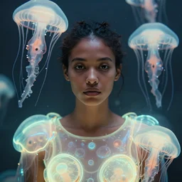 a close - up shot of a brown woman wearing a luminous armor made of neon jelly fishes. surrounded by large jelly fishes. soft lighting. fragile. haunting jellyfish eyes!! coherent face!! no makeup!! muted colors. by ray caesar. by louise dahl - wolfe. by andrea kowch. surreal photography