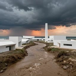 muddy river leads to sea by hiroshi yoshida, marc simonetti, roger deakins, turner, rothko, hyperrealism, cinematic, dramatic storm sunset, modernist white concrete architecture, utopia, matte painting, fluid simulation, tonalism, volumetric light, trending on artstation, cgsociety, high detail concept art, top view, rendered in octane