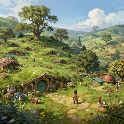 A highly detailed 4K fantasy matte painting of a small but beautiful, idyllic and fruitful land, beloved by its hobbit inhabitants, zdzislaw beksinski, ArtStation, CGSociety, Unreal Engine