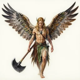 hyper realistic color pencil drawing of a male fairy druid with hawk wings, D&D Art, detailed, rim light, diffused, intricate, axe, by anna dittmann