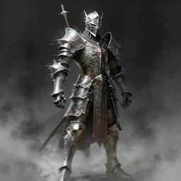 dark souls paladin concept art artwork by masanori warugai, glitch art, medieval, magic, intricate detailed 4 k, soft light, volumetric fog, soft glow, eerie, dark