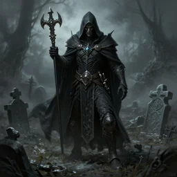 necromancer in a graveyard, full body shot, hood, d & d, fantasy, intricate, horror, darkness, highly detailed, digital painting, artstation, concept art, matte, sharp focus, illustration, hearthstone, art by artgerm and greg rutkowski and alphonse mucha