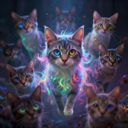 cats with many eyes floating in colorful glowing swirling whisps, chimera cat, different eye colors, occult inspired, emerging from the void, shallow depth of field