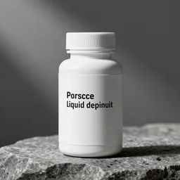 concept art of a porsche liquid dietary supplement in a round bottle, refined, simple, pure, white