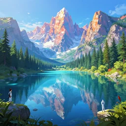 crystal lake, digital art, concept art, magic fantasy, scenic, vibrant colors, high contrast, highly detailed, trending on artstation, 8k, andreas rocha, sylvain sarrailh, darek zabrocki, bastien grivet, finnian macmanus, dylan cole, liang mark, albert bierstadt, sung choi, peter mohrbacher, greg rutkowski, thomas kinkade, dan mumford, studio ghibli