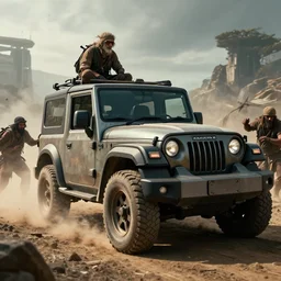 Mahindra thar, tribe members attacking, action scene, an epic fantasy, dramatic lighting, cinematic, establishing shot, extremely high detail, photorealistic, cinematic lighting, tending on artstation, solarpunk, matte painting, octane render, by simon stalenhag, horizon forbidden west