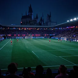 a view film still of cyber quidditch field with lots of neon placed in hogwarts by greg rutkowski