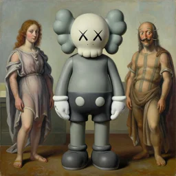 abstract kaws culpture figure by james jean and salvador dali and shusei nagaoka, oil on canvas, surrealism, neoclassicism, renaissance, hyper realistic, ultra detailed, cell shaded, 8 k