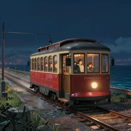 a streetcar is running on the sea, unreal engine, fantasy art by greg, loish, rhads, ferdinand knab, makoto shinkai and lois van baarle, ilya kuvshinov, rossdraws, tom bagshaw, night lighting, trending onstudio ghibli, highly detailed, octane render, 8 k