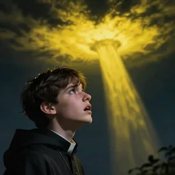 Close-up of a terrified catholic priest in his twenties watching as an ominous yellow shadow descends upon him from the night sky. Dramatic lighting. Award-winning digital art, trending on ArtStation