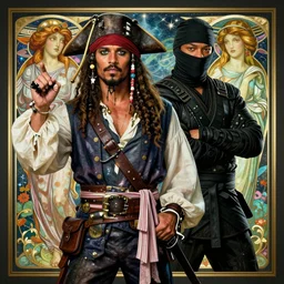 chris rock dressed as a pirate and will smith dressed as a ninja, by adolf hiremy - hirschl and greg rutkowski and alphonse mucha, cosmic, intricate detail, cinematic, 8 k, cel shaded, unreal engine, featured on artstation, pixiv
