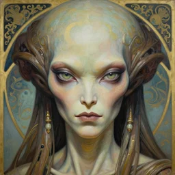 beautiful and exotic alien queen body portrait, glowering judging eyes, art nouveau declotage, perfect symmetrical facial features, hyperrrealistic bone structure, extremely hyperdetailed, mixed media painting, unreal engine, 8 k, octane, 8 mm, by travis charest, rodney matthews, olivia de bernardinis
