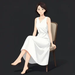 a woman in a white dress sitting on a chair, concept art by nagasawa rosetsu, trending on pixiv, computer art, official art, anime, booru, black hair, twintails, hestia danmachi, intricate lineart, soft light, 4 k