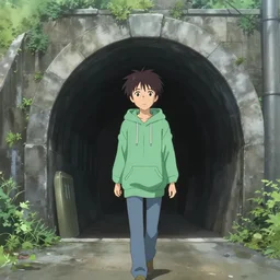 mamoru oshii movie scene, hoodie explore, outside a dark train tunnel entrance