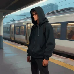 a man wearing a hoodie waiting for a train at a train station, cyberpunk art by tomer hanuka, cgsociety, photorealism, matte drawing, digital illustration, digital painting
