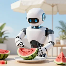 a robot cutting watermelon under a sun umbrella on a summer day, sharp focus, trending on artstation, digital art, crepuscular ray, cinematic lighting, unreal engine 5, frostbite 3 engine
