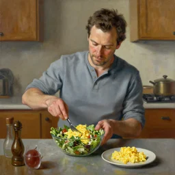 kelsey grammer making tossed salad and scrambled eggs, an oil painting by ross tran and thomas kincade