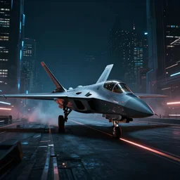 futuristic sci fi fighter jet lands at runway of cyberpunk city, night photo ,dark cinematic lighting , digital concept art