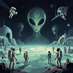 aliens, astronauts, alien world in the universe, wide angle shot, vector art