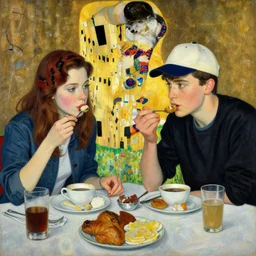 a painting of two people eating breakfast, one is female asa Butterfield mixed with pam beesly, the other is a 20 year young woody allen wearing a baseball cap on his head, by gustav klimt