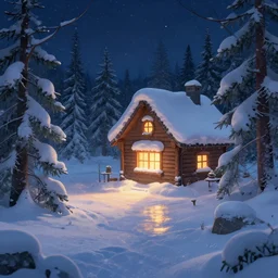 snowy landscape with santa's house in night forest, warm light coming from the window and reflects on the snow. digital art, artstation, high details, trending, behance