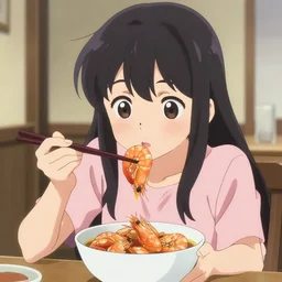 anime girl eating bowl of shrimp