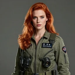 epic professional digital portrait art of attractive thin redhead woman wearing airforce jumpsuit, 4 0 mm lens, facing front, by neal adams, artstation, cgsociety, wlop, epic, much wow, much detail, gorgeous, detailed, cinematic, masterpiece