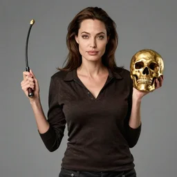 angelina jolie as indiana jones holding a whip in left hand and holding a golden mayan skull in the right hand, grey background, hyperdetailed, artstation, cgsociety, 8 k