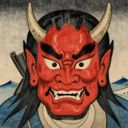 giant head of a japanese oni demon, front view, long shot, face is red, teeth are visible, eyes looking down, Ukiyo-e woodblock painting by hokusai, megalophobia, high-quality art, polished, 8k