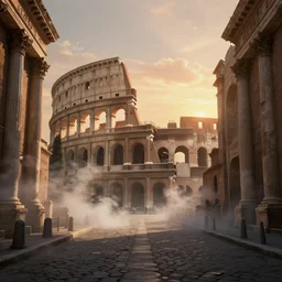 a cyberpunk digital art of a street in ancient rome, beautiful digital art, volumetric lighting, steam, steam, sunset, colosseum in the background, highly detailed, professional, washed out colors