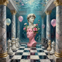award winning masterpiece with incredible details, marble columns, David Friedrich, giant marble chess pieces, gold rings, liminal spaces, party balloons, checkered pattern, mirrors, David Friedrich, Zhang Kechun, a surreal vaporwave vaporwave vaporwave vaporwave vaporwave painting by Thomas Cole of an old pink mannequin head with flowers growing out, sinking underwater, highly detailed