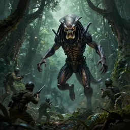 the predator movie, jumping out from jungle trees attacking soldiers, dark fantasy, scifi, volumetric lights, intricate, intense detail, digital painting, artstation, concept art, smooth, soft shading, cinematic, illustration, alien, style of h. r. giger, 3 d 4 k