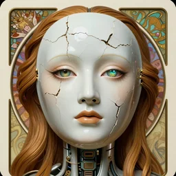 A close-up portrait of a beautiful female cyborg wearing a cracked porcelain mask by Alphonse Mucha, exposed inner structure, glowing eyes, art nouveau card, wlop, trending on artstation