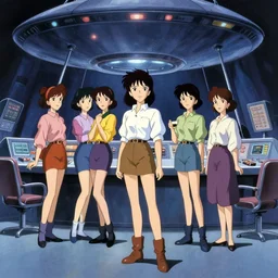 a film still of a 1 9 5 0's anime girls in the control room inside ufo, chillhop aesthetics, full body mid shot, perfect art, trending on pixiv fanbox, painted by gaston bussiere, makoto shinkai, akihiko yoshida, craig mullins, studio ghibli