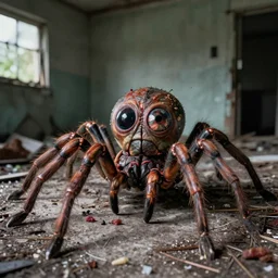 1 9 7 0 s photography, real meat and rotten eyes humanoid arachnid creature in abandoned house