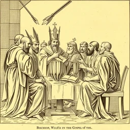 bishop wulfila explains the gospels to the goths, wood engraving, published 1 8 9 0