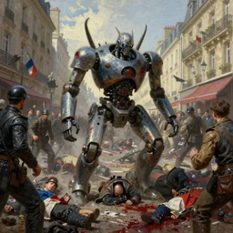 demonic samurai robot slaughtering french soldiers and civilians in the interbellum paris, very detailed painting, concept art, intense heavy street battle, pile of bodies, a lot of blood on the streets, art by greg rutkowski and jakub rozalski