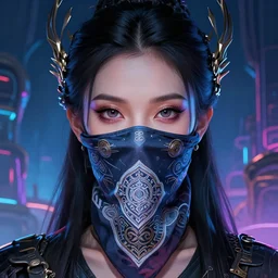 closeup portrait shot of cyber a beautiful girl wearing a bandana mask in a scenic dystopian neon environment, intricate, elegant, highly detailed, centered, symmetrical, digital painting, artstation, concept art, smooth, sharp focus, illustration, artgerm, tomasz alen kopera, peter mohrbacher, donato giancola, joseph christian leyendecker, wlop, studio lighting