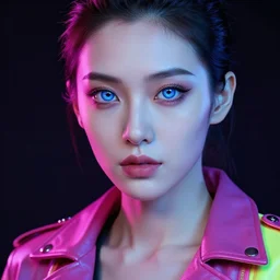 head and shoulders portrait of woman, with electronic eye, in neon leather jacket, pale skin, piercing eyes, cyberpunk, vibrant color, high detail, intricate, impossible beauty, ponytail, masterpiece by craig mullins, ruan jia, peter mohrbacher, krenz cushart, norman rockwell, alphonse mucha